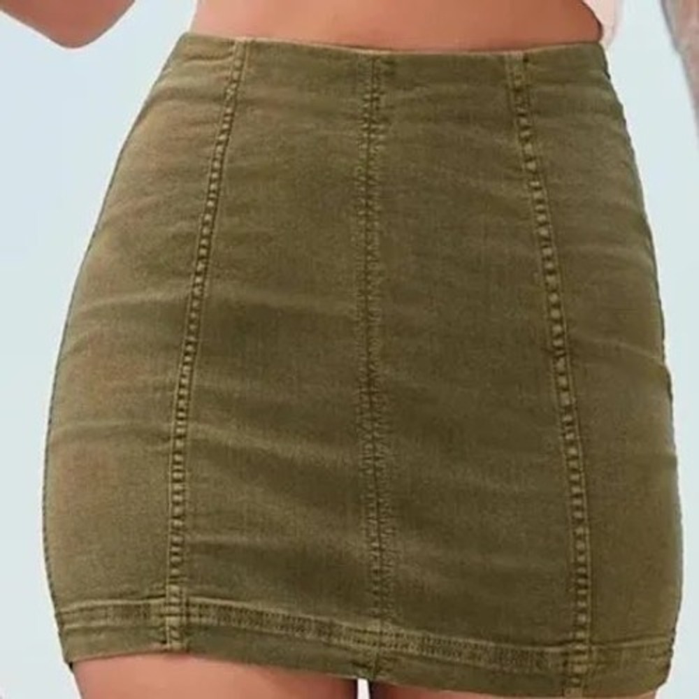 Free People Modern Femme Olive Green Denim Mini Skirt High Waist Size 10 G1